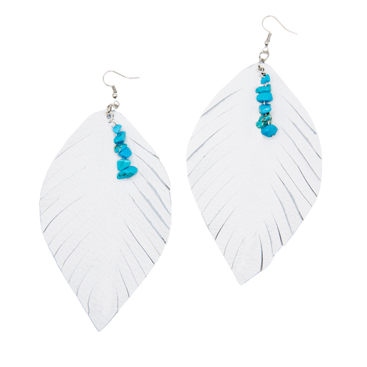 White Leaf Earrings with Turquoise (Large)