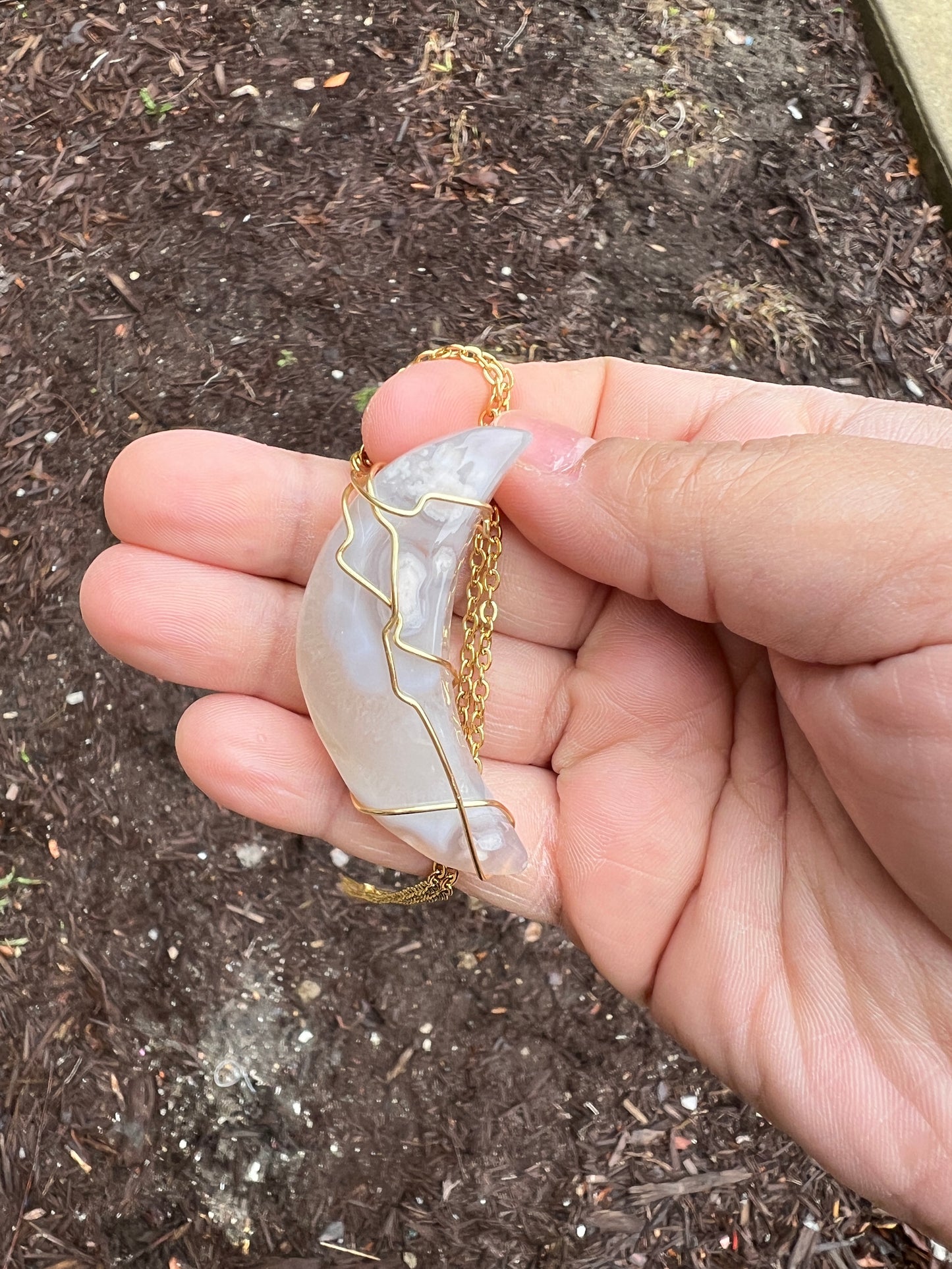 Agate Crescent Moon Necklace w/ Gold-toned wire
