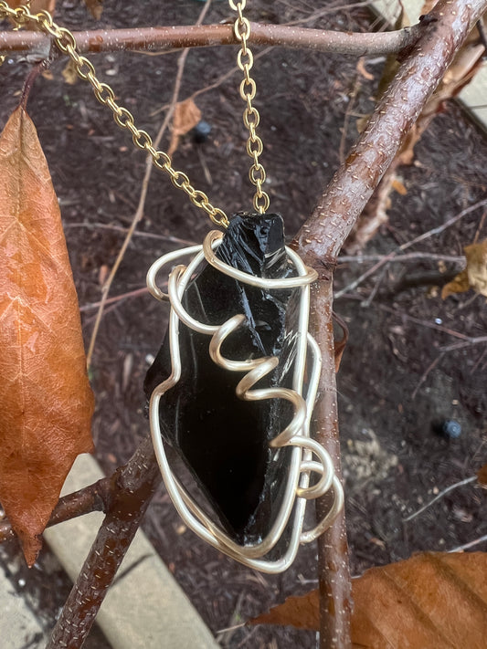 Polished Obsidian Gold Wire-wrapped Necklace