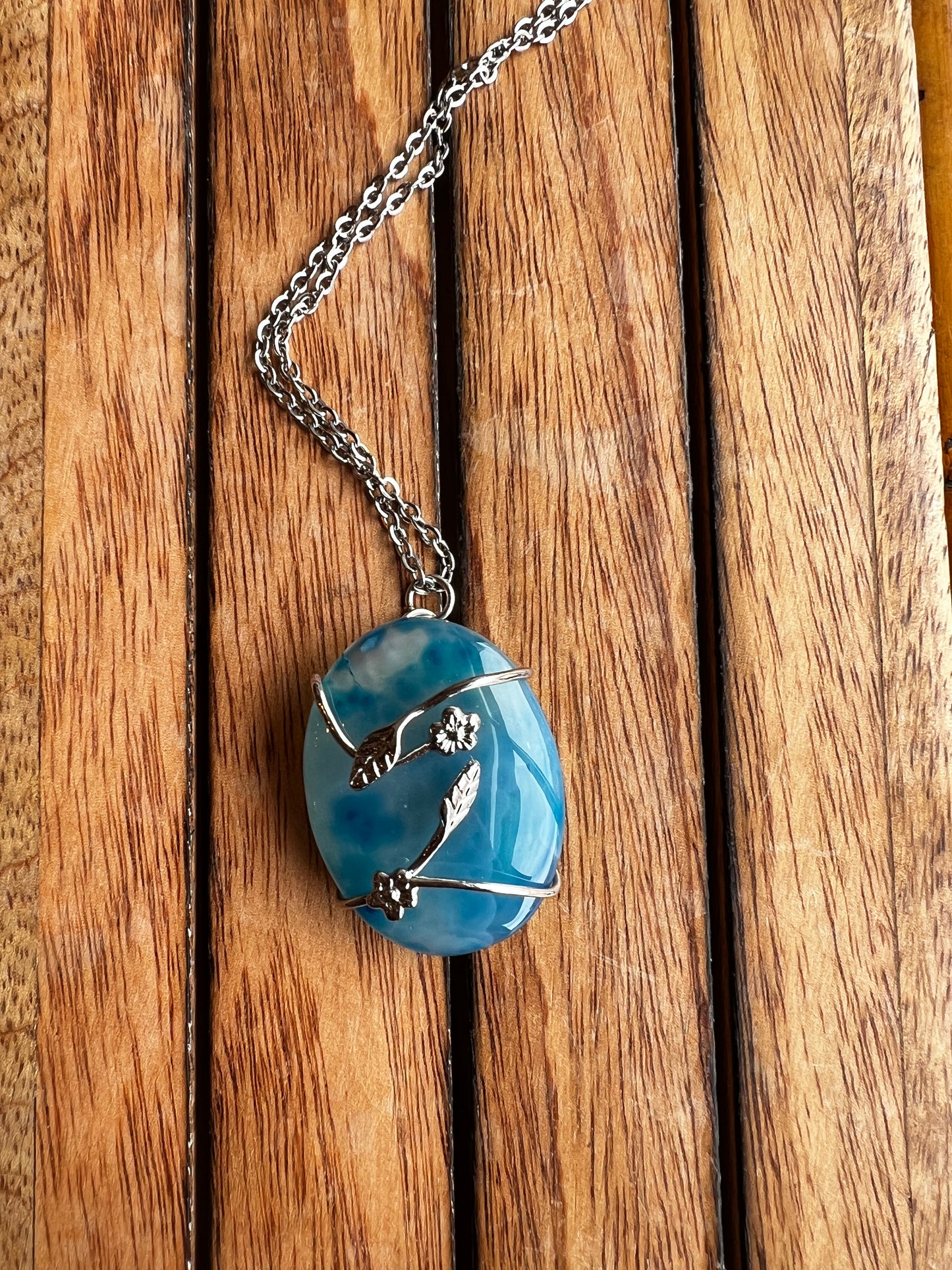 Blue Onyx Wire-wrapped (Silver-Plated) Necklace