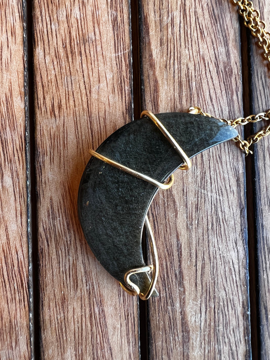 Gold sheen obsidian Crescent moon wire-wrapped necklace