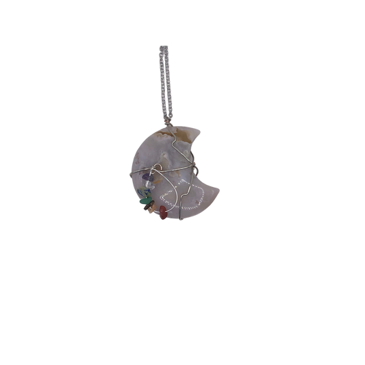 Agate Gibbous Moon 7-Chakras Necklace w/ silver chain and wire