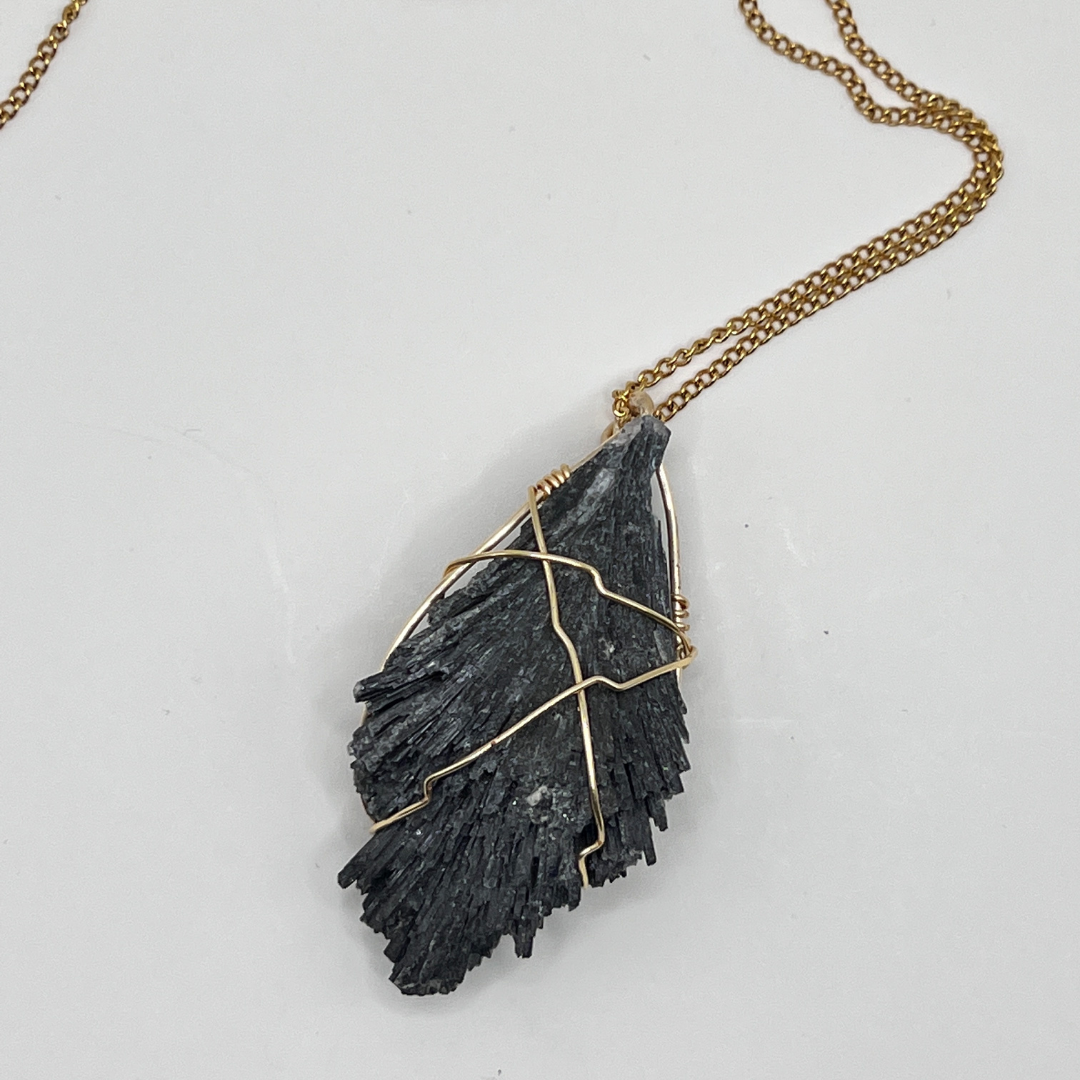 Black Kyanite ("Dragon's Fire") Gold Wire-wrapped Necklace